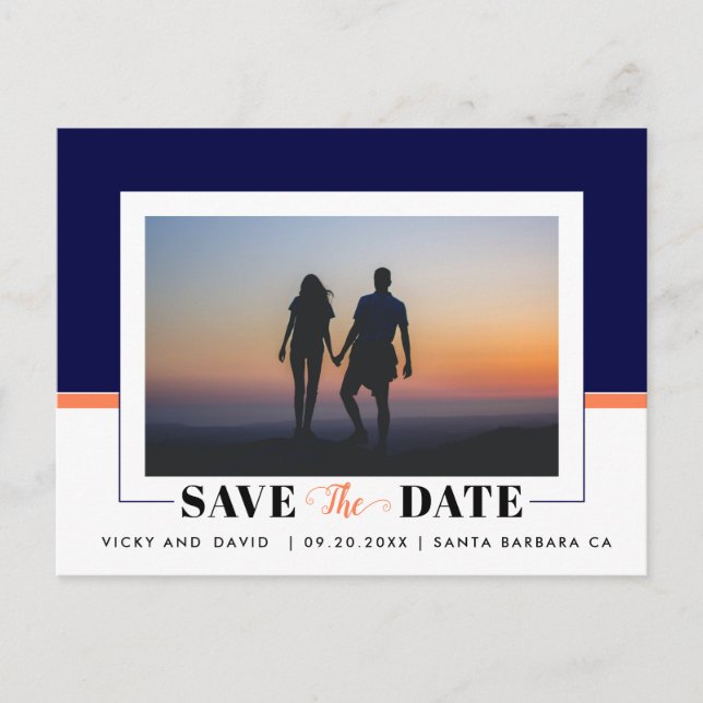 Navy blue and coral wedding Save the Date photo Postcard (Front)
