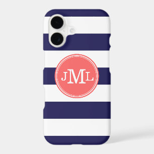 Navy Blue and Coral Wide Stripe Monogram