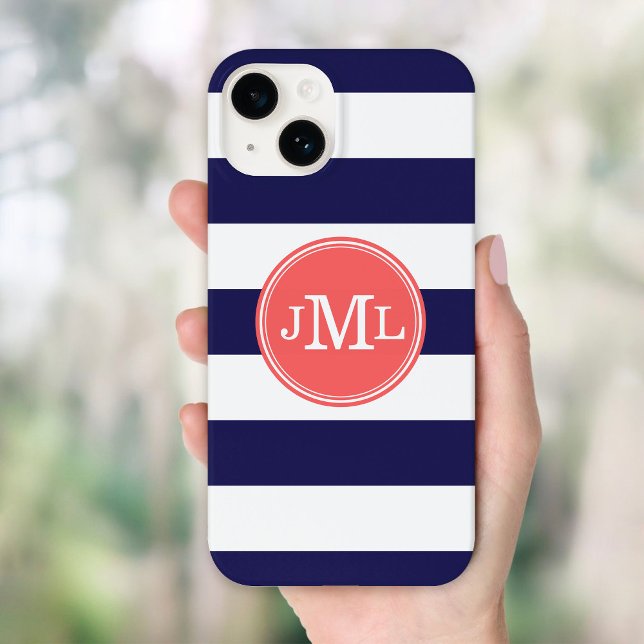 Navy Blue and Coral Wide Stripe Monogram Case-Mate iPhone Case (Creator Uploaded)