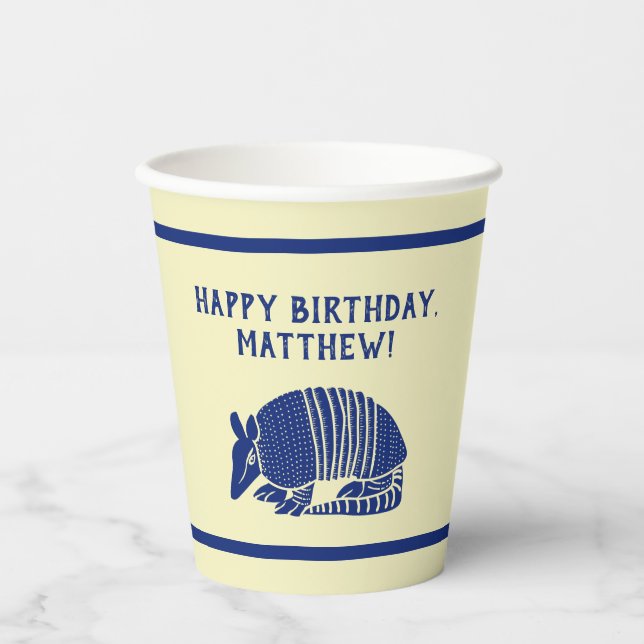 Navy Blue and Cream Armadillo Personalised Party Paper Cups (Front)