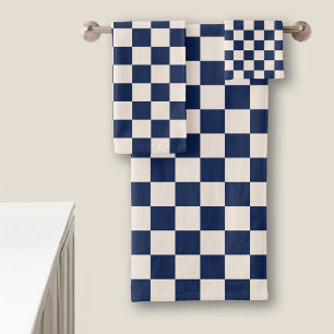 Navy Blue and Cream Chequered Pattern Bath Towel Set