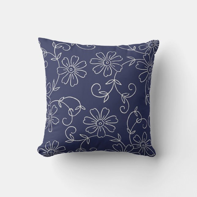 Navy Blue and Cream Floral Decorative Pillow (Front)