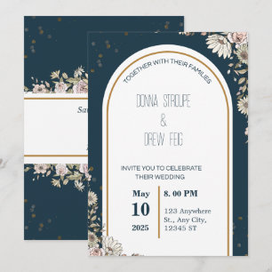 Navy Blue and Cream Illustrated Flowers Wedding  Invitation