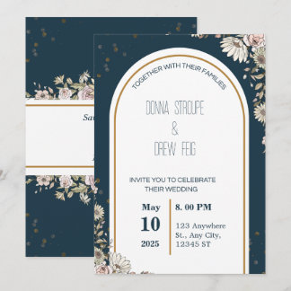 Navy Blue and Cream Illustrated Flowers Wedding  Invitation