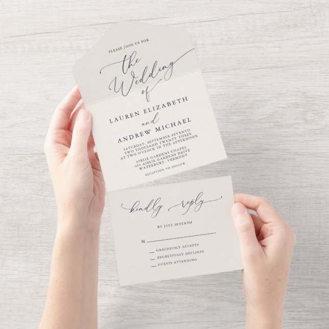 Navy Blue and Cream Minimalist Wedding All In One Invitation (Tearaway)