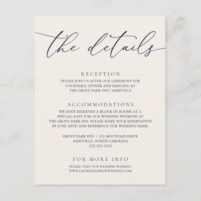 Navy Blue and Cream Modern Minimalist Wedding Enclosure Card (Front)