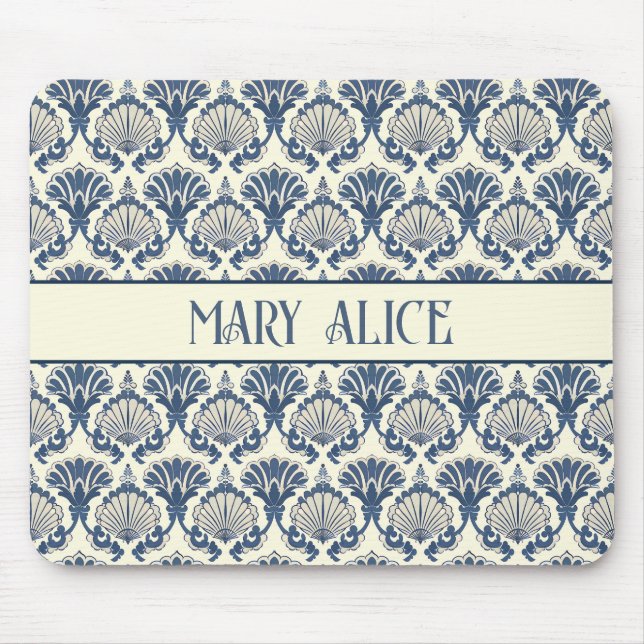 Navy Blue and Cream Seashell Pattern  Mouse Mat (Front)