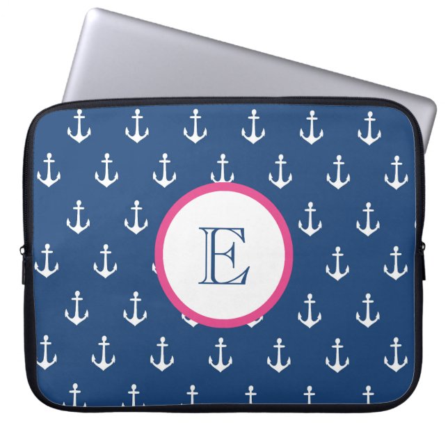 Navy Blue and Dark Pink Anchor Laptop Sleeve (Front)