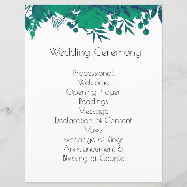 Navy Blue and Deep Green Botanical Wedding Program (Front)