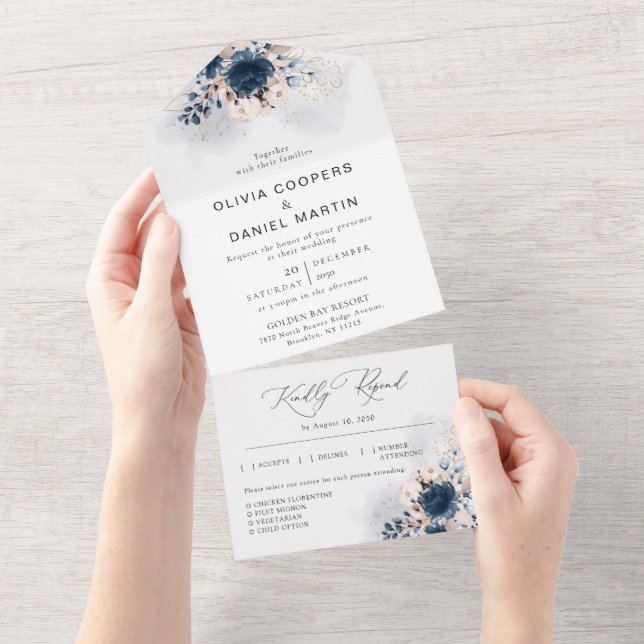 Navy Blue and Dusty All in One Wedding Invitation (Tearaway)