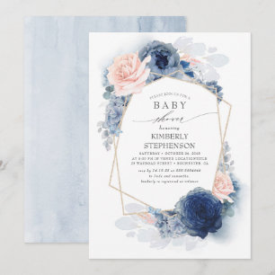Navy Blue and Dusty Pink Floral Baby Shower Invitation
