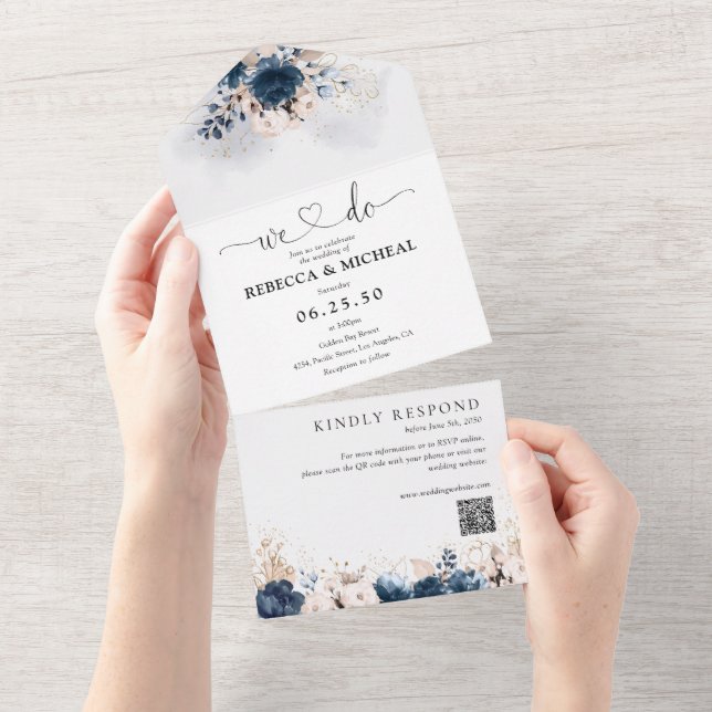 Navy Blue and Dusty Rose All in One Wedding Invite (Tearaway)