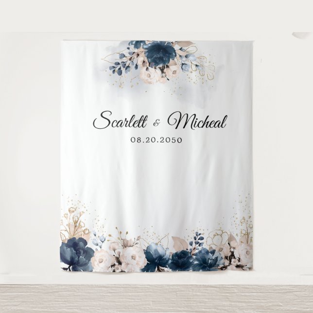 Navy Blue and Dusty Rose Wedding Ceremony Backdrop Tapestry (Front)