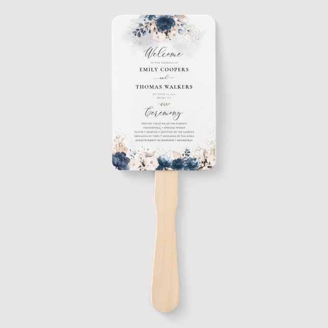 Navy Blue and Dusty Rose Wedding Program Hand Fan (Front)