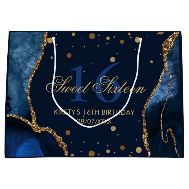 Navy Blue and Faux Gold Glitter Agate Sweet 16 Large Gift Bag (Front)
