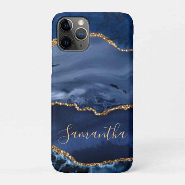 Navy Blue and Faux Gold Glitter Marble Agate Case-Mate iPhone Case (Back)