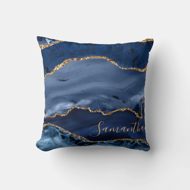 Navy Blue and Faux Gold Glitter Marble Agate  Cushion (Front)
