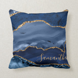 Navy Blue and Faux Gold Glitter Marble Agate Cushion