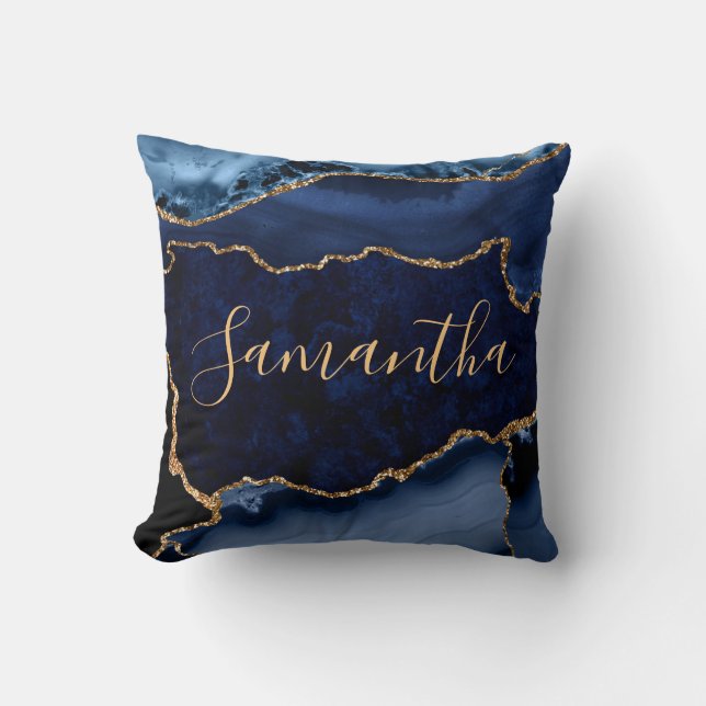 Navy Blue and Faux Gold Glitter Marble Agate Cushion (Front)