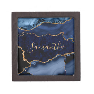 Navy Blue and Faux Gold Glitter Marble Agate Gift Box