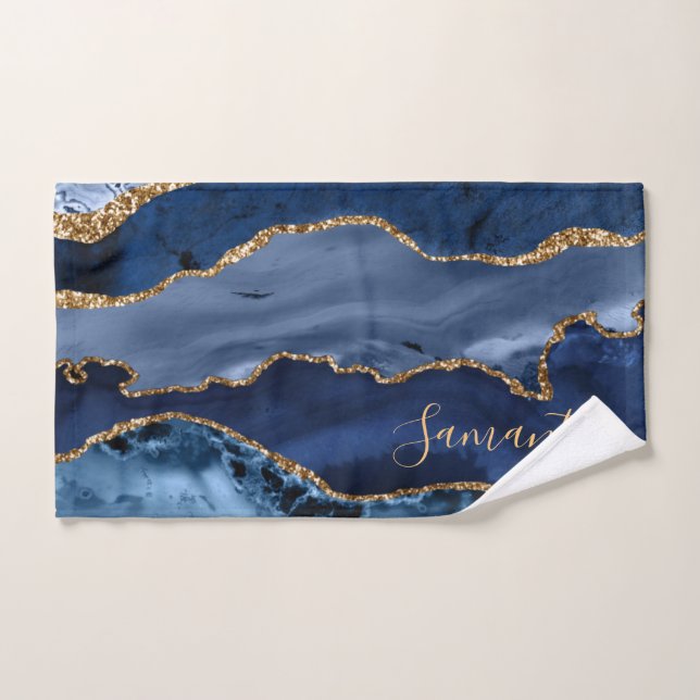 Navy Blue and Faux Gold Glitter Marble Agate Hand Towel (Hand Towel)