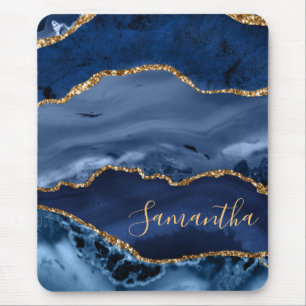 Navy Blue and Faux Gold Glitter Marble Agate Mouse Mat