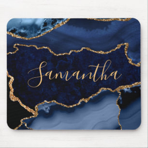 Navy Blue and Faux Gold Glitter Marble Agate Mouse Mat