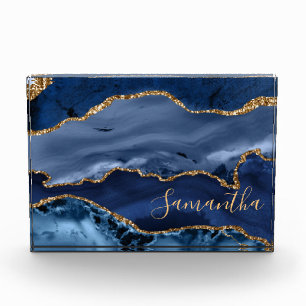 Navy Blue and Faux Gold Glitter Marble Agate Photo Block
