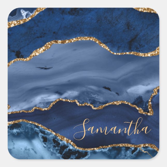 Navy Blue and Faux Gold Glitter Marble Agate Square Sticker (Front)