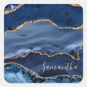 Navy Blue and Faux Gold Glitter Marble Agate Square Sticker