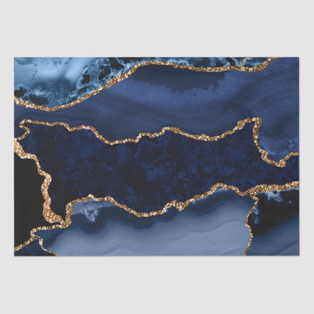 Navy Blue and Faux Gold Glitter Marble Agate Tissue Paper (Front)