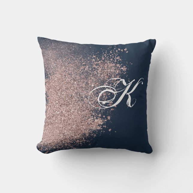 Navy Blue and Faux Rose Gold Glitter Monogram Cushion (Front)