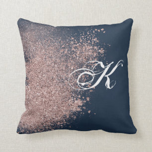 Navy Blue and Faux Rose Gold Glitter Monogram Cushion