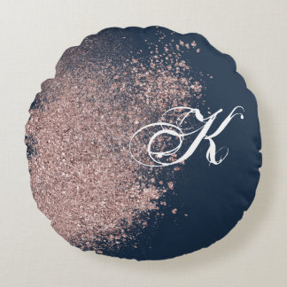 Navy Blue and Faux Rose Gold Glitter Monogram Round Cushion