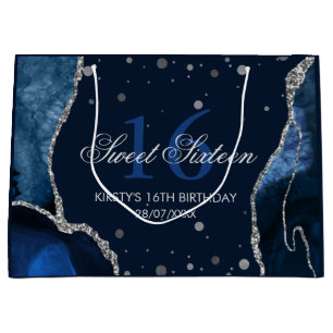 Navy Blue and Faux Silver Glitter Agate Sweet 16 Large Gift Bag