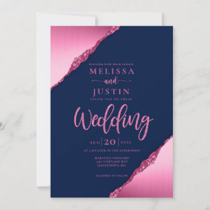 Navy Blue and Fuchsia Glitter Wedding Invitation