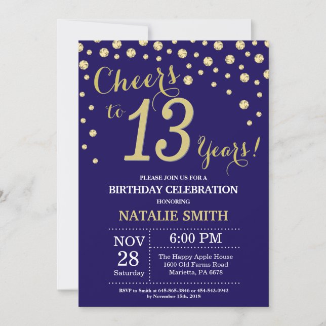 Navy Blue and Gold 13th Birthday Diamond Invitation (Front)