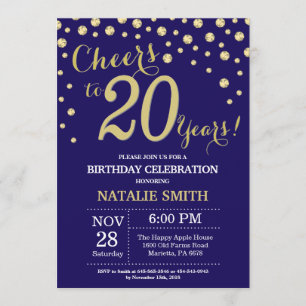 Navy Blue and Gold 20th Birthday Diamond Invitation