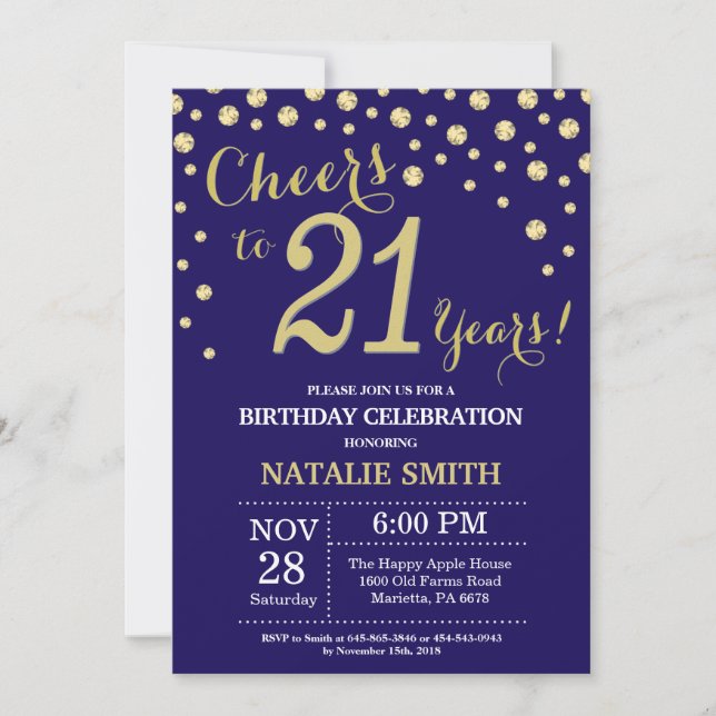 Navy Blue and Gold 21st Birthday Diamond Invitation (Front)
