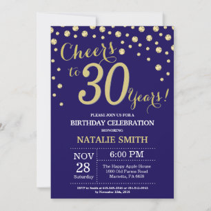 Navy Blue and Gold 30th Birthday Diamond Invitation