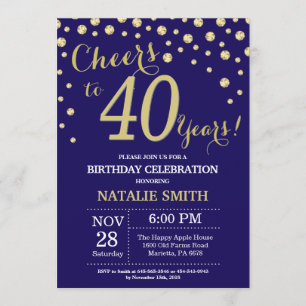 Navy Blue and Gold 40th Birthday Diamond Invitation