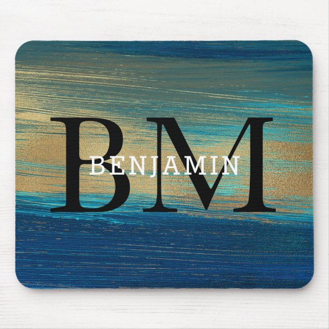 Navy Blue And Gold Abstract  Monogram Men's Mouse Mat (Front)