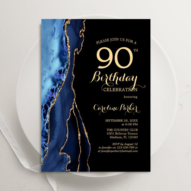 Navy Blue And Gold Agate 90th Birthday Invitation (Creator Uploaded)