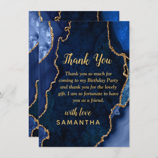 Navy Blue and Gold Agate Birthday Party Thank You Card (Front/Back)