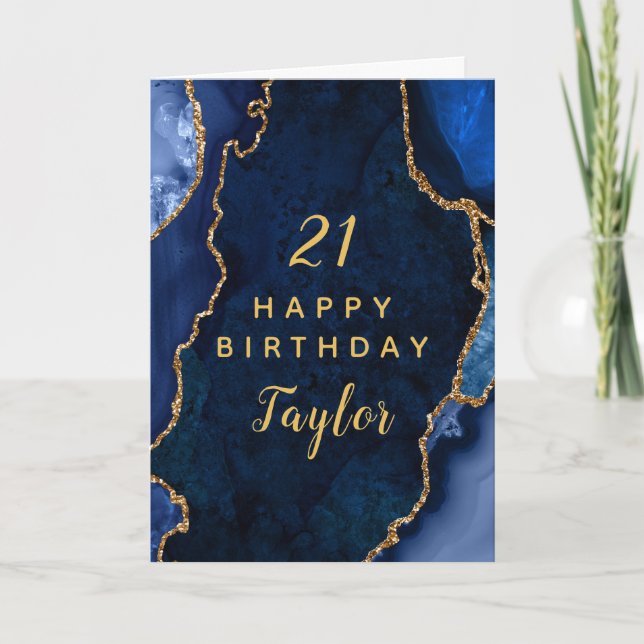 Navy Blue and Gold Agate Happy Birthday Card (Front)
