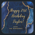 Navy Blue and Gold Agate Happy Birthday Square Sticker<br><div class="desc">This elegant and glamourous sticker can be personalised with a name or title such as mum, daughter, granddaughter, niece, friend etc. The design features a navy blue agate marble background with faux gold glitter accents. The text combines handwritten script and modern sans serif fonts for a classy and sophisticated look....</div>