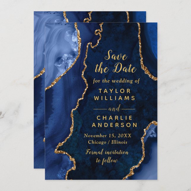 Navy Blue and Gold Agate Marble Save The Date Invitation (Front/Back)