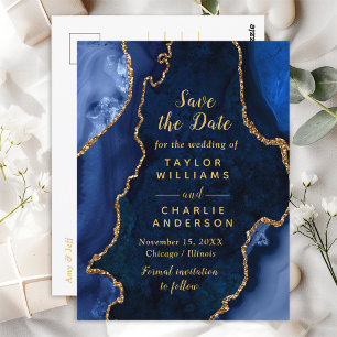 Navy Blue and Gold Agate Marble Save The Date Postcard