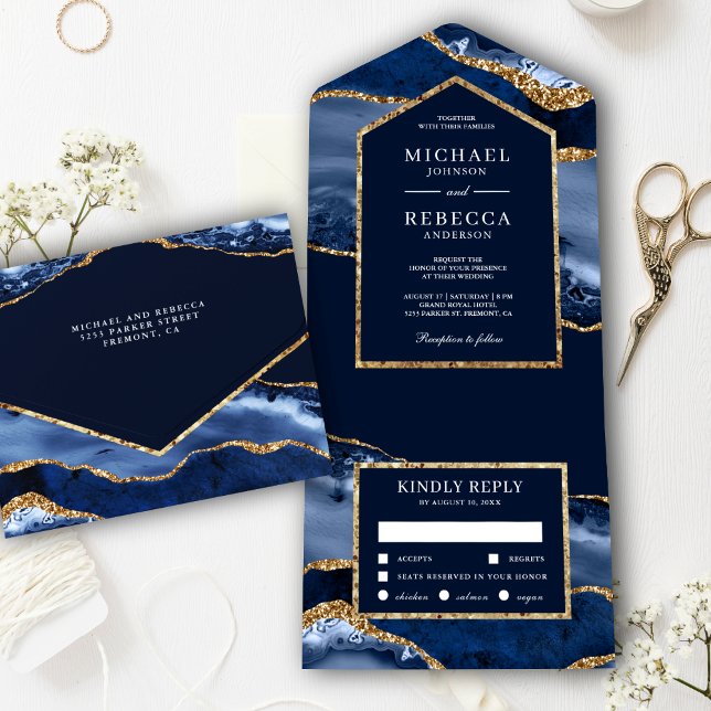 Navy Blue and Gold Agate Marble Wedding All In One Invitation (Creator Uploaded)