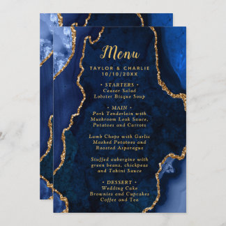 Navy Blue and Gold Agate Marble Wedding Menu